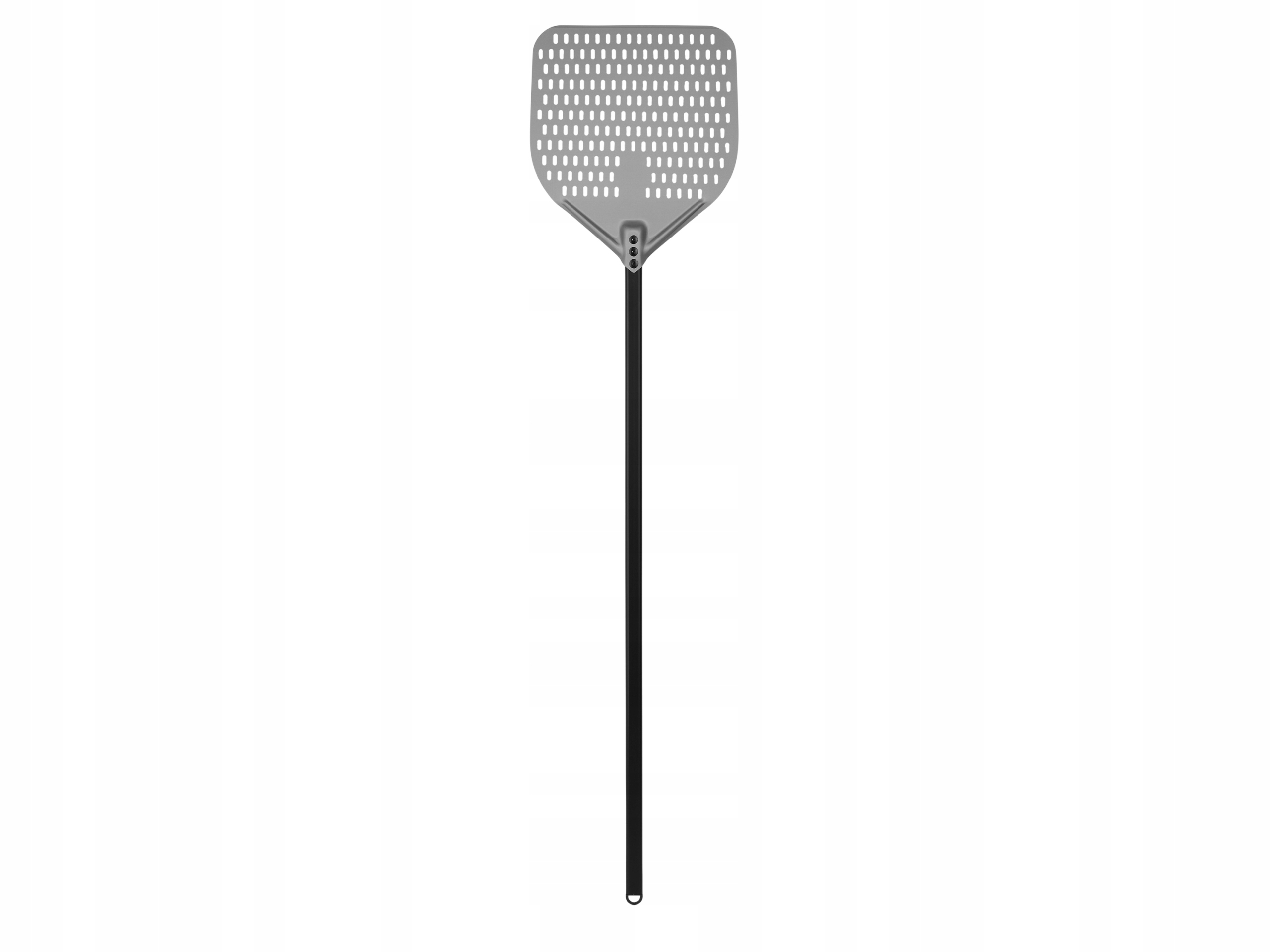 Čierna perforovaná eloxovaná hliníková lopata na pizzu s hliníkovou rukoväťou, štvorcová, 355X405x1500 mm Technica, Pizza Line